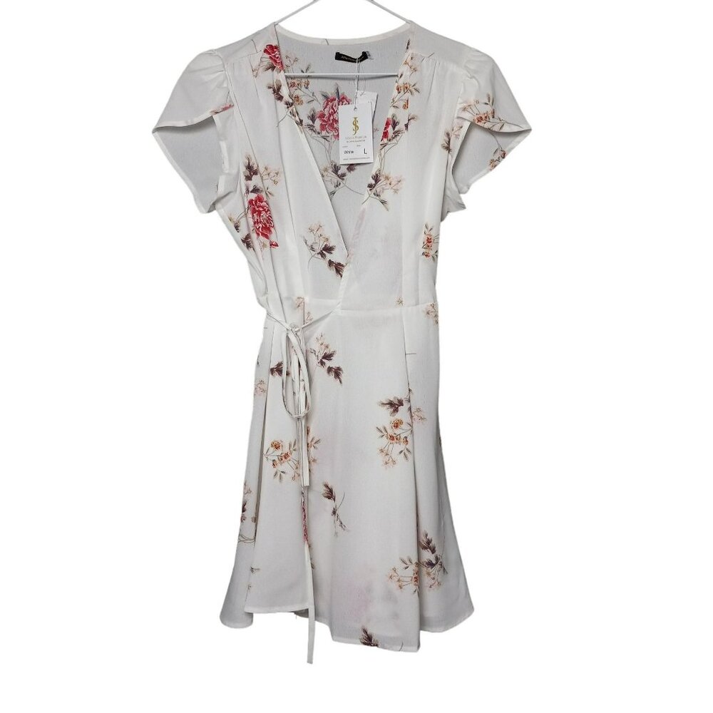 Jahan's‎ Premium Dress Womens Large Floral White Beach Floral Summer V Neck NWT